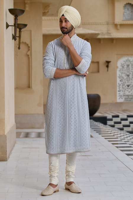 Tarun Tahiliani_Sky Blue Georgette, Poplin Embroidery, Pearls Chikankari Kurta And Churidar Set _Online_at_Aza_Fashions