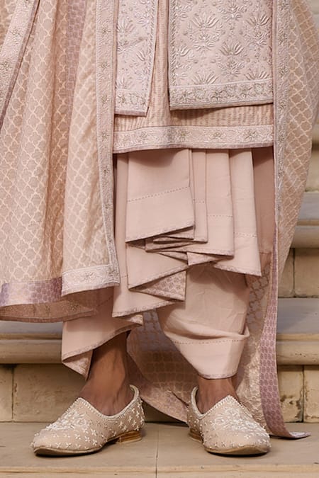Tarun Tahiliani_Peach Georgette, Cotton, Jacquard Sequins, Embroidery Chikankari Sherwani Set _Online_at_Aza_Fashions