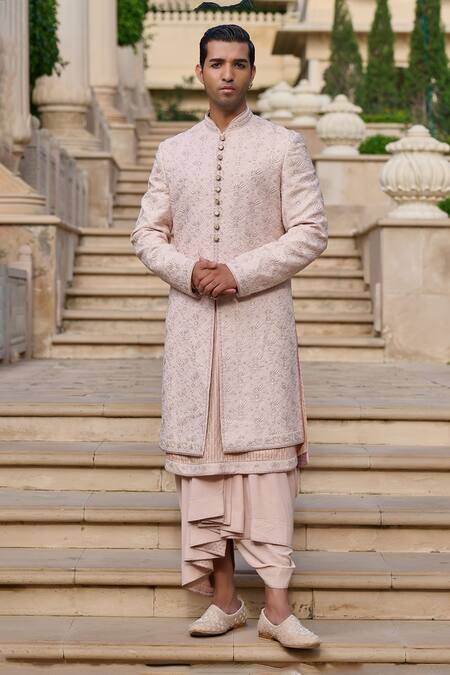 Buy_Tarun Tahiliani_Peach Georgette, Cotton, Jacquard Sequins, Embroidery Chikankari Sherwani Set _Online_at_Aza_Fashions