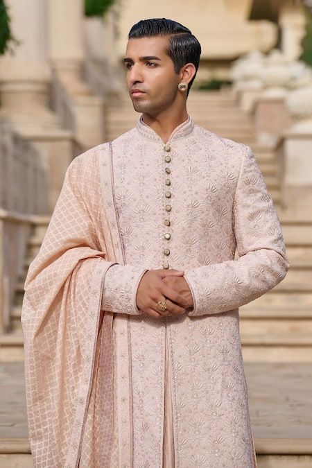 Shop_Tarun Tahiliani_Peach Georgette, Cotton, Jacquard Sequins, Embroidery Chikankari Sherwani Set _Online_at_Aza_Fashions