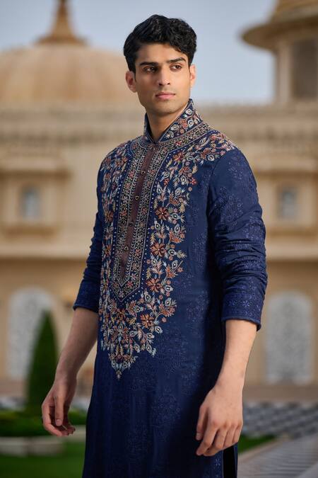 Shop_Tarun Tahiliani_Navy Georgette Embroidery Yoke Kurta And Dhoti Set _Online_at_Aza_Fashions