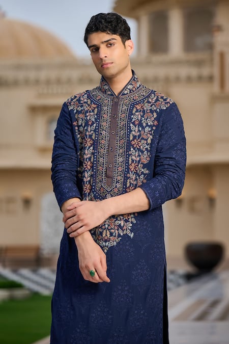 Tarun Tahiliani_Navy Georgette Embroidery Yoke Kurta And Dhoti Set _at_Aza_Fashions