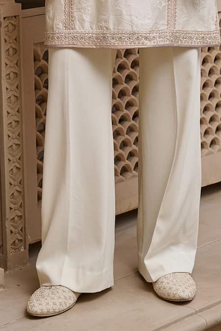 Tarun Tahiliani Ivory Cotton, Jacquard, Suiting Textured Thread Kurta And Flared Trouser Set Online at Aza Fashions Tarun Tahiliani_Ivory Cotton, Jacquard, Suiting Textured Thread Kurta And Flared Trouser Set _Online_at_Aza_Fashions