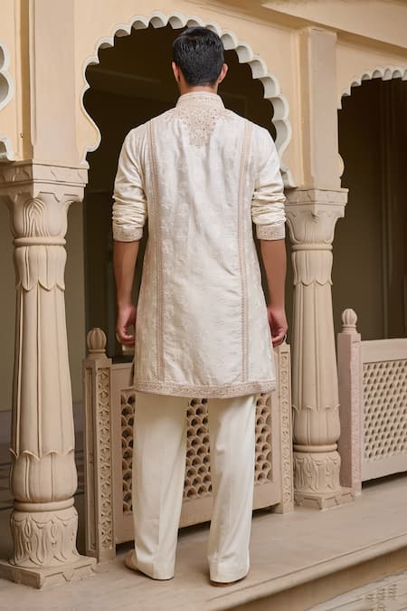 Tarun Tahiliani Textured Thread Embroidered Kurta & Flared Trouser Set 