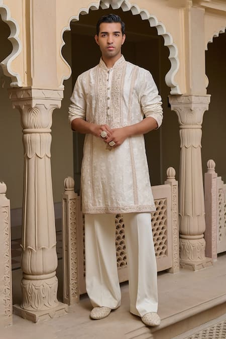 Tarun Tahiliani Textured Thread Embroidered Kurta & Flared Trouser Set 