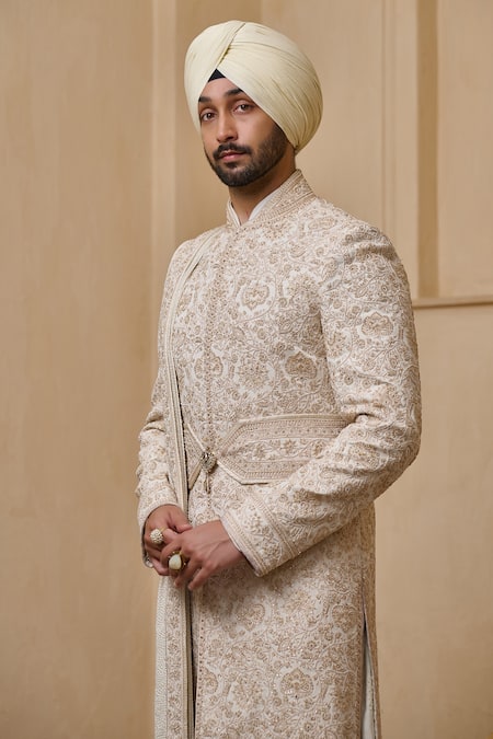 Tarun Tahiliani_Ivory Georgette, Silk, Jacquard, Poplin, Lycra, Cotton Dori Sherwani Kurta Set _Online_at_Aza_Fashions