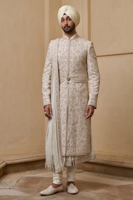 Buy_Tarun Tahiliani_Ivory Georgette, Silk, Jacquard, Poplin, Lycra, Cotton Dori Sherwani Kurta Set _Online_at_Aza_Fashions