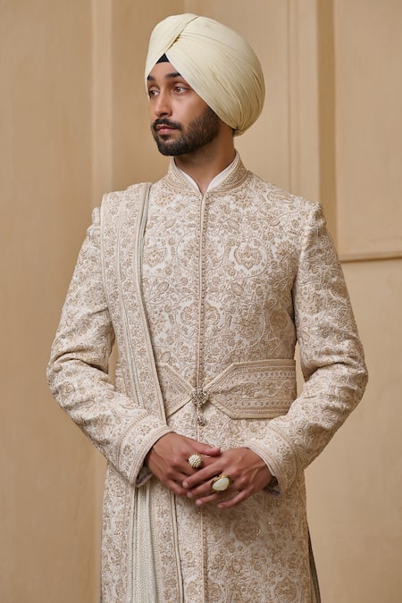 Shop_Tarun Tahiliani_Ivory Georgette, Silk, Jacquard, Poplin, Lycra, Cotton Dori Sherwani Kurta Set _Online_at_Aza_Fashions