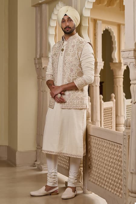 Tarun Tahiliani_Ivory Poplin, Lycra, Cotton Embroidery, Pearls Waistcoat Kurta Set _Online_at_Aza_Fashions