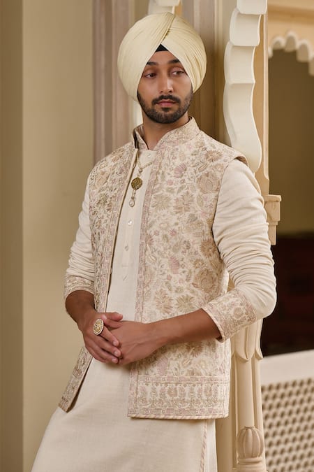 Buy_Tarun Tahiliani_Ivory Poplin, Lycra, Cotton Embroidery, Pearls Waistcoat Kurta Set _Online_at_Aza_Fashions