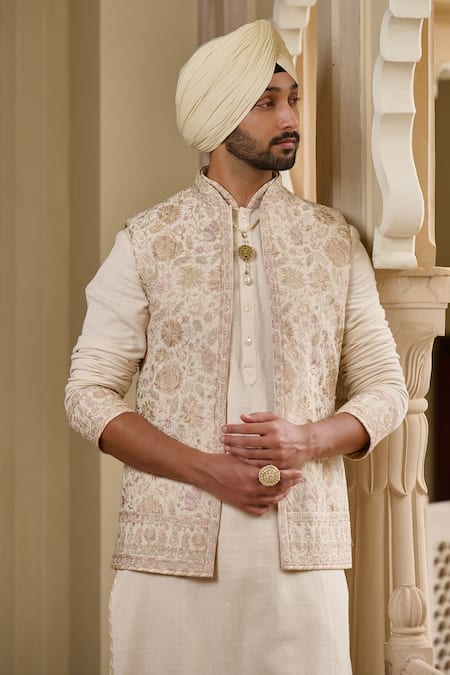 Shop_Tarun Tahiliani_Ivory Poplin, Lycra, Cotton Embroidery, Pearls Waistcoat Kurta Set _Online_at_Aza_Fashions