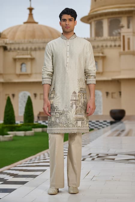 Tarun Tahiliani_Beige Cotton, Jacquard, Suiting Pichwai Print Kurta And Flared Trouser Set _Online_at_Aza_Fashions