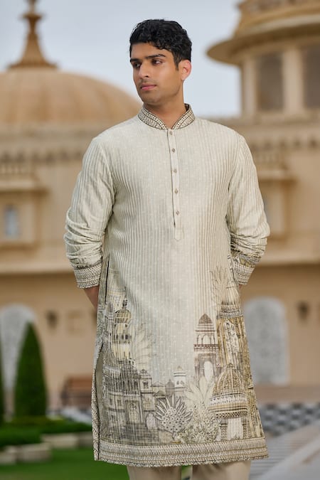 Shop_Tarun Tahiliani_Beige Cotton, Jacquard, Suiting Pichwai Print Kurta And Flared Trouser Set _Online_at_Aza_Fashions