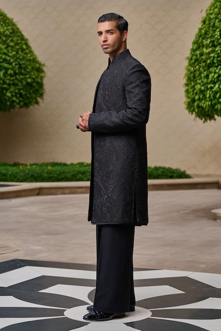Tarun Tahiliani_Black Georgette, Cotton, Jacquard Embroidery, Diamonds Sherwani Trouser Set _Online_at_Aza_Fashions