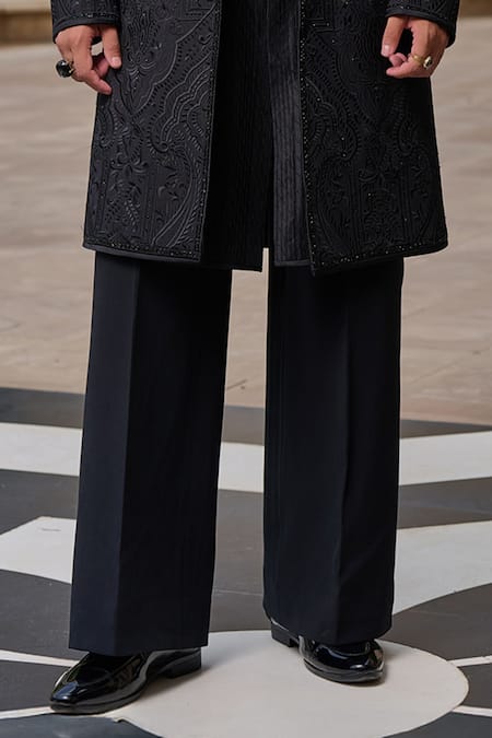Buy_Tarun Tahiliani_Black Georgette, Cotton, Jacquard Embroidery, Diamonds Sherwani Trouser Set _Online_at_Aza_Fashions