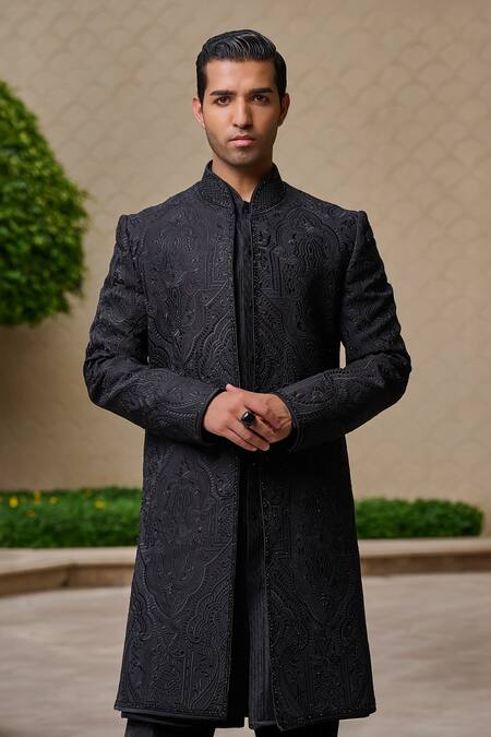 Buy_Tarun Tahiliani_Black Georgette, Cotton, Jacquard Embroidery, Diamonds Sherwani Trouser Set 