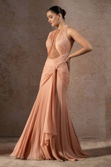 Buy_Tarun Tahiliani_Pink Chiffon Pearls Halter Neck Gown _Online_at_Aza_Fashions