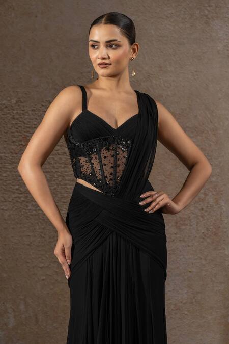 Tarun Tahiliani_Black Chiffon Embroidery, Sequins Sweetheart Neck, Corset And Concept Saree Set _Online_at_Aza_Fashions