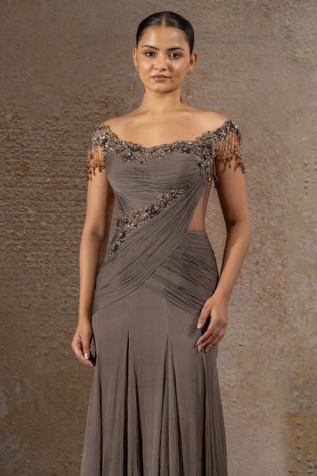 Tarun Tahiliani_Gray Chiffon Sequins, Beads Off-shoulder Hand Embroidered Gown _Online_at_Aza_Fashions