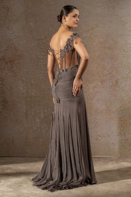 Buy_Tarun Tahiliani_Gray Chiffon Sequins, Beads Off-shoulder Hand Embroidered Gown _Online_at_Aza_Fashions