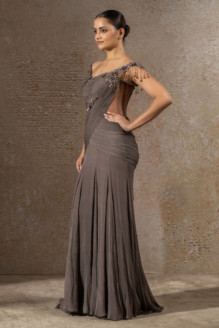 Shop_Tarun Tahiliani_Gray Chiffon Sequins, Beads Off-shoulder Hand Embroidered Gown _Online_at_Aza_Fashions