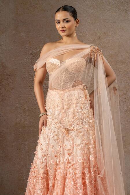 Tarun Tahiliani Peach Tulle, Net Pearls, Sequins, Embroidery, Fabric Corset And Lehenga Saree Set Online at Aza Fashions Tarun Tahiliani_Peach Tulle, Net Pearls, Sequins, Embroidery, Fabric Corset And Lehenga Saree Set _Online_at_Aza_Fashions