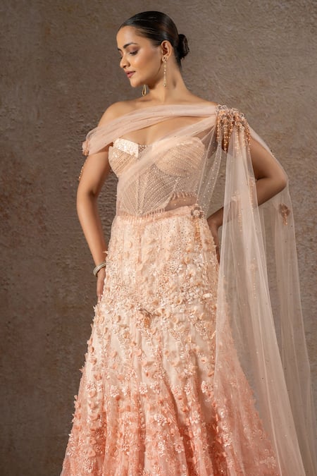 Buy Tarun Tahiliani Peach Tulle, Net Pearls, Sequins, Embroidery, Fabric Corset And Lehenga Saree Set Online at Aza Fashions Buy_Tarun Tahiliani_Peach Tulle, Net Pearls, Sequins, Embroidery, Fabric Corset And Lehenga Saree Set _Online_at_Aza_Fashions