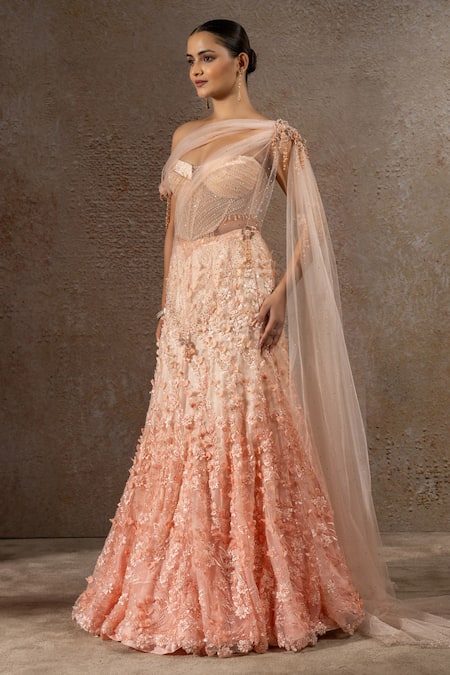 Shop Tarun Tahiliani Peach Tulle, Net Pearls, Sequins, Embroidery, Fabric Corset And Lehenga Saree Set Online at Aza Fashions Shop_Tarun Tahiliani_Peach Tulle, Net Pearls, Sequins, Embroidery, Fabric Corset And Lehenga Saree Set _Online_at_Aza_Fashions