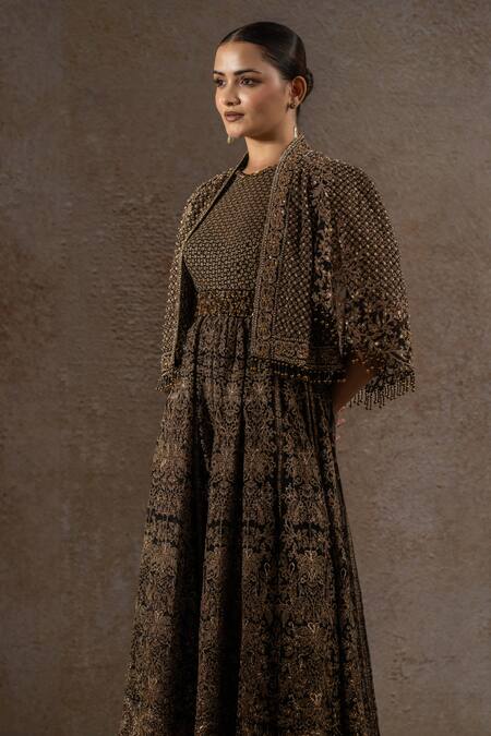 Tarun Tahiliani_Black High Neck Resham Zari Dabka Sequin Embroidered Cape _Online_at_Aza_Fashions