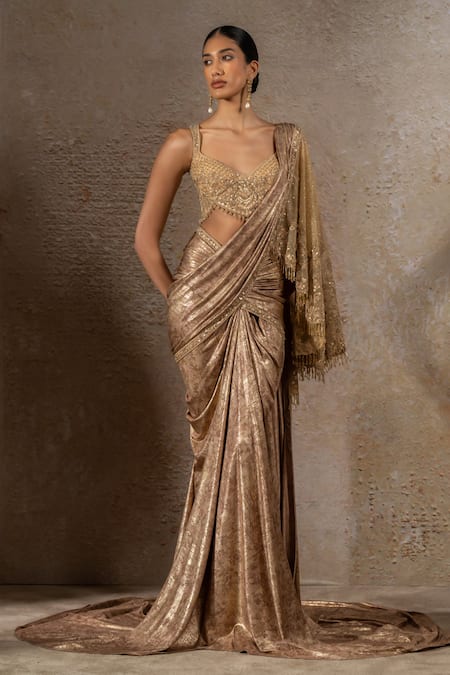 Tarun Tahiliani Gold Tulle, Net, Jersey Sequins, Beads, Hand Blouse And Concept Saree Set Online at Aza Fashions Tarun Tahiliani_Gold Tulle, Net, Jersey Sequins, Beads, Hand Blouse And Concept Saree Set _Online_at_Aza_Fashions