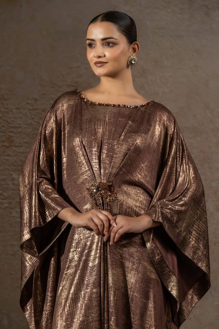 Buy_Tarun Tahiliani_Brown Jersey Embroidery, Brooches, Beads, Foil Printing Boat Neck Draped Dress _Online_at_Aza_Fashions