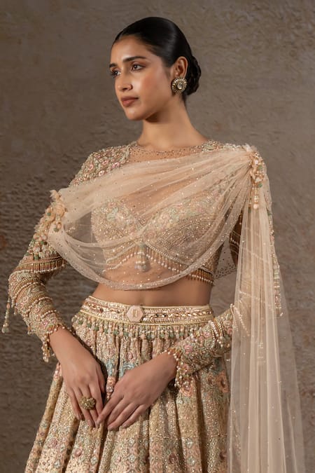 Tarun Tahiliani_Ivory Tulle, Net Beads, Sequins, Crystals, Floral Motif Hand Lehenga Set _Online_at_Aza_Fashions