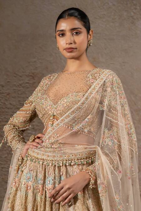 Buy_Tarun Tahiliani_Ivory Tulle, Net Beads, Sequins, Crystals, Floral Motif Hand Lehenga Set _Online_at_Aza_Fashions