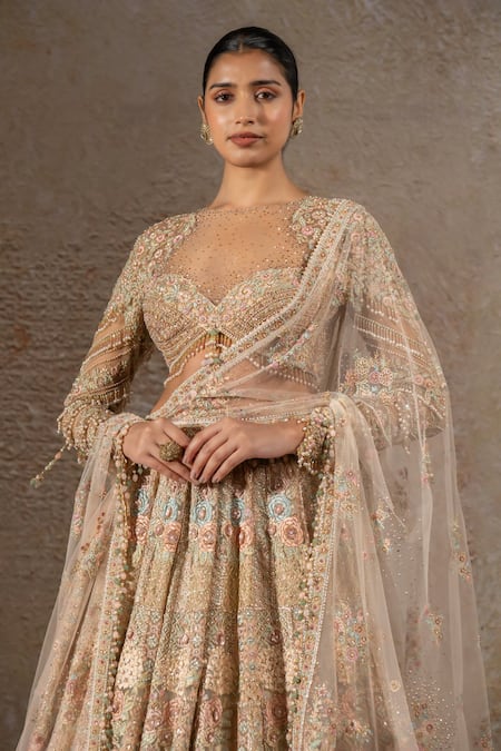 Shop_Tarun Tahiliani_Ivory Tulle, Net Beads, Sequins, Crystals, Floral Motif Hand Lehenga Set _Online_at_Aza_Fashions