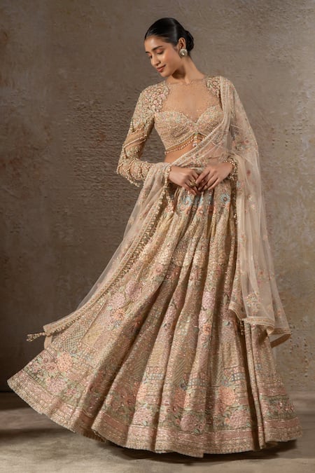 Tarun Tahiliani_Ivory Tulle, Net Beads, Sequins, Crystals, Floral Motif Hand Lehenga Set _at_Aza_Fashions