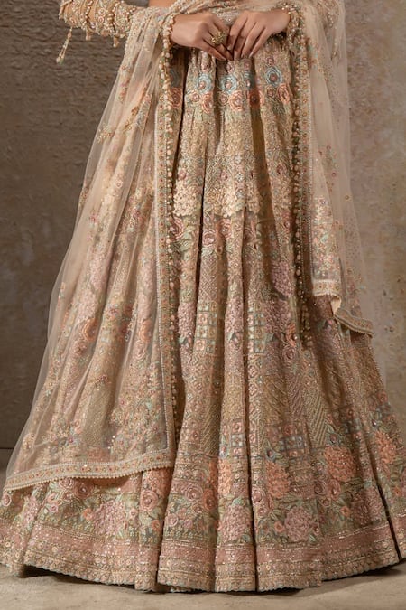 Buy_Tarun Tahiliani_Ivory Tulle, Net Beads, Sequins, Crystals, Floral Motif Hand Lehenga Set 