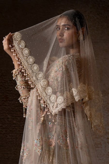 Tarun Tahiliani_Ivory Tulle, Net Embroidery, Sequins, Stones, Zari, Beads, Lehenga And Veil Set _Online_at_Aza_Fashions