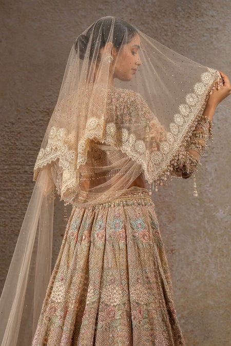 Buy_Tarun Tahiliani_Ivory Tulle, Net Embroidery, Sequins, Stones, Zari, Beads, Lehenga And Veil Set _Online_at_Aza_Fashions
