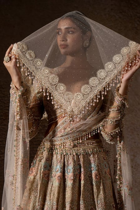 Shop_Tarun Tahiliani_Ivory Tulle, Net Embroidery, Sequins, Stones, Zari, Beads, Lehenga And Veil Set _Online_at_Aza_Fashions
