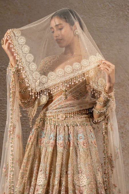 Buy_Tarun Tahiliani_Ivory Tulle, Net Embroidery, Sequins, Stones, Zari, Beads, Lehenga And Veil Set 