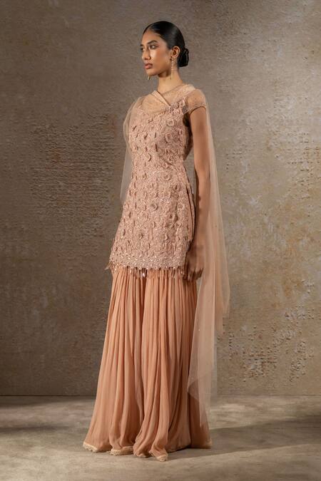 Tarun Tahiliani_Pink Net, Tulle Embroidery, Beads, Crystals Round Kurta And Jacquard Sharara Set _Online_at_Aza_Fashions