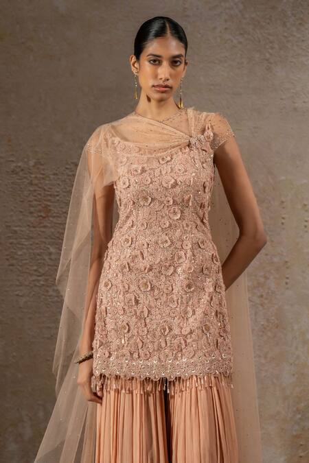 Buy_Tarun Tahiliani_Pink Net, Tulle Embroidery, Beads, Crystals Round Kurta And Jacquard Sharara Set _Online_at_Aza_Fashions