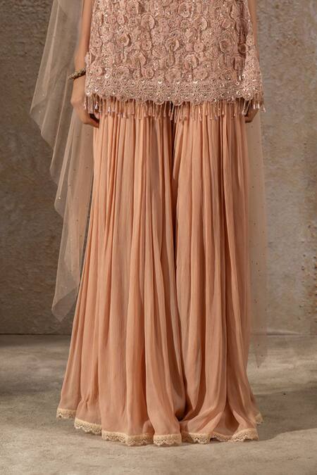 Shop_Tarun Tahiliani_Pink Net, Tulle Embroidery, Beads, Crystals Round Kurta And Jacquard Sharara Set _Online_at_Aza_Fashions