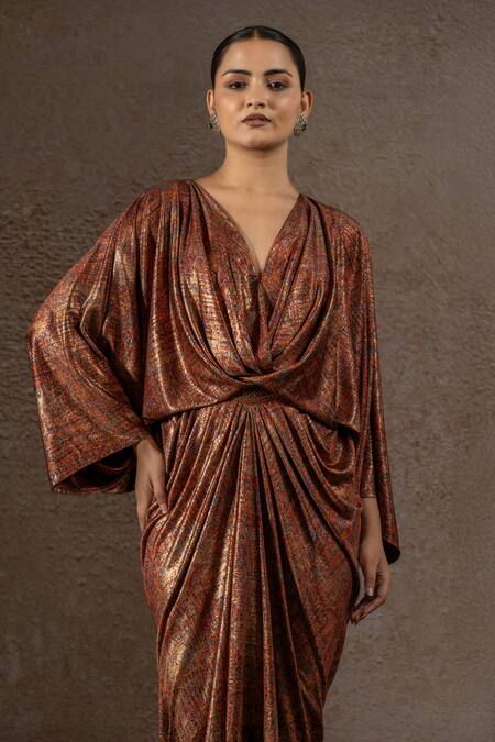 Tarun Tahiliani_Mustard Jersey Foil Printing V-neck Draped Dress _Online_at_Aza_Fashions