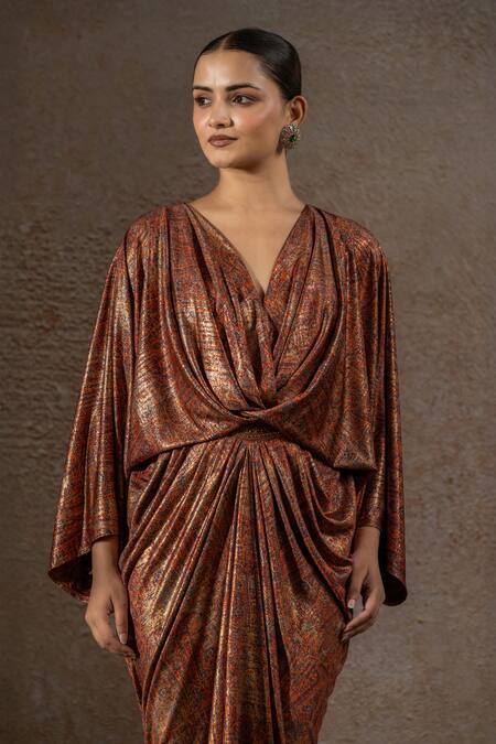 Buy_Tarun Tahiliani_Mustard Jersey Foil Printing V-neck Draped Dress _Online_at_Aza_Fashions