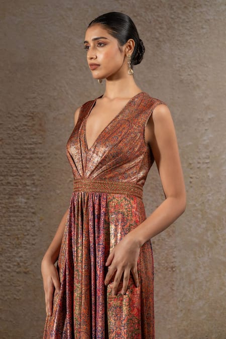 Tarun Tahiliani_Orange Jersey Crystals V-neck Foil Paisley Print Jumpsuit _Online_at_Aza_Fashions