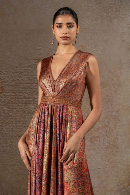 Buy_Tarun Tahiliani_Orange Jersey Crystals V-neck Foil Paisley Print Jumpsuit _Online_at_Aza_Fashions