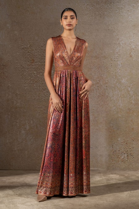 Tarun Tahiliani Foil Jersey Paisley Print Jumpsuit 