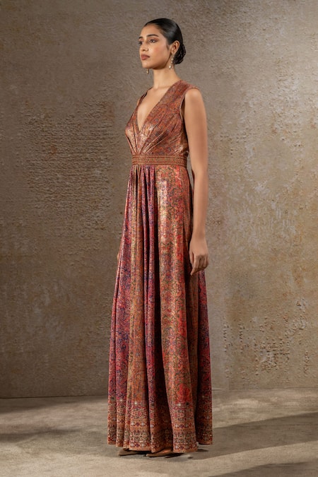 Shop_Tarun Tahiliani_Orange Jersey Crystals V-neck Foil Paisley Print Jumpsuit _Online_at_Aza_Fashions