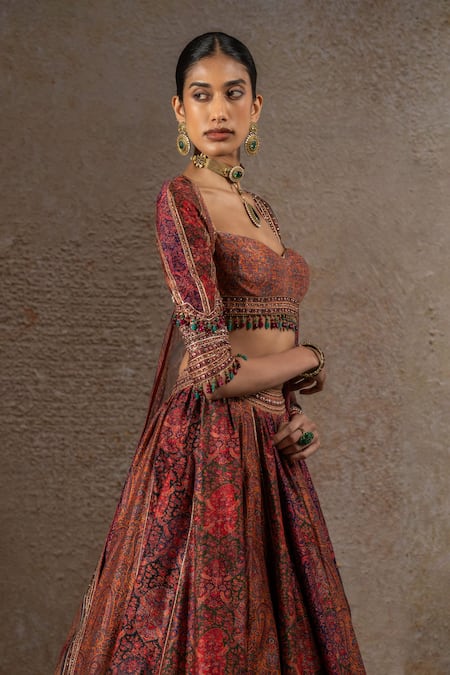 Tarun Tahiliani_Red Chanderi, Silk Stones, Beads, Embroidery, Geometric Jaal Print Lehenga Set  _Online_at_Aza_Fashions